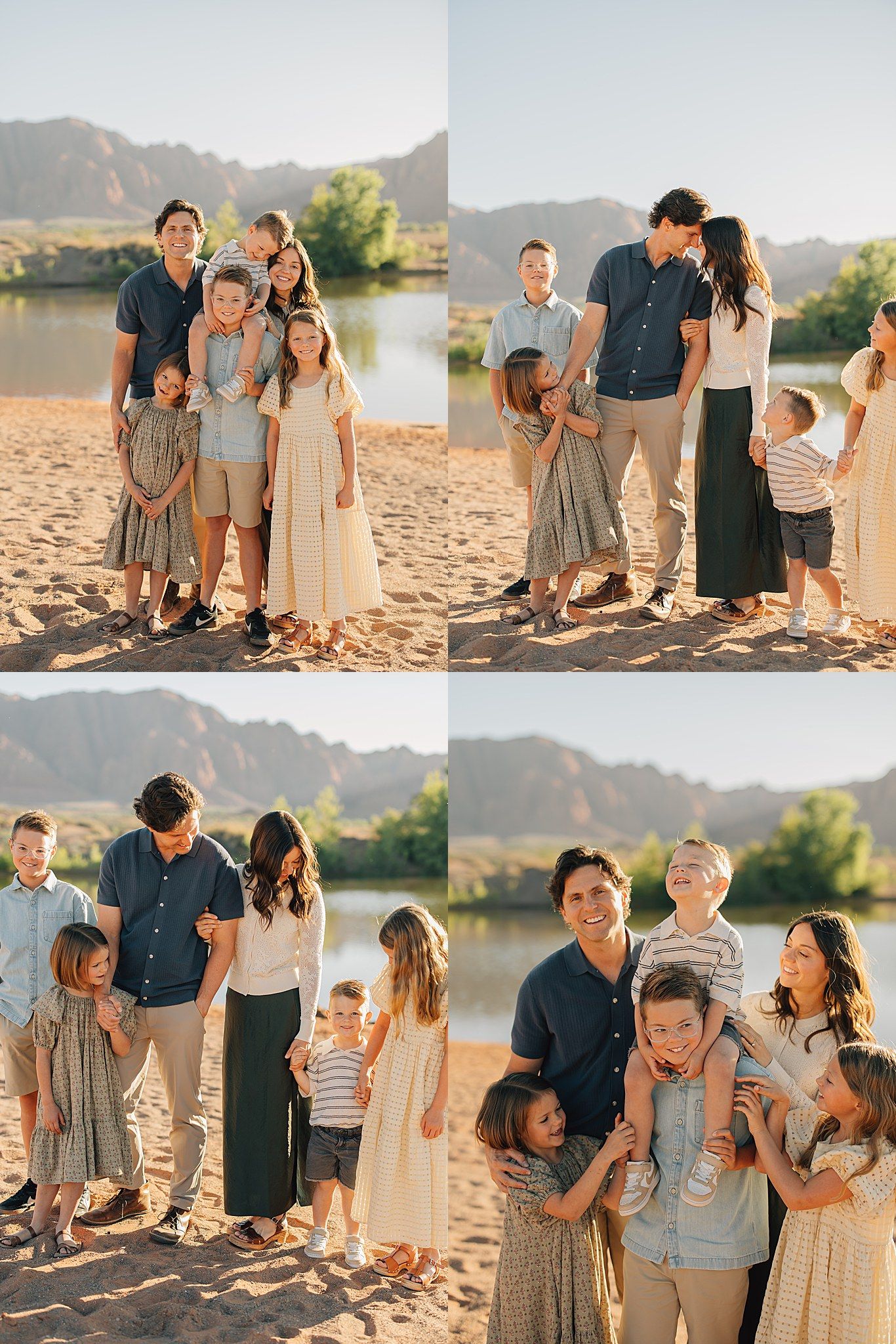 Family portrait session on sandy riverbank with mountain backdrop, parents and children posing together in warm golden light.