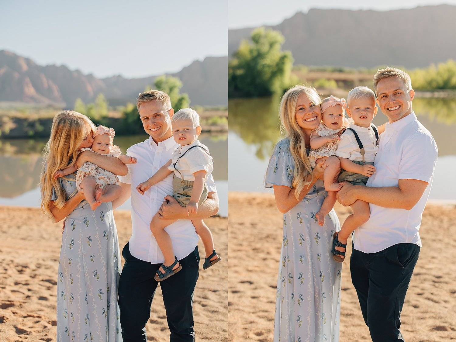 Happy family with two toddlers posing outdoors near a lake with red rock mountains in the background.