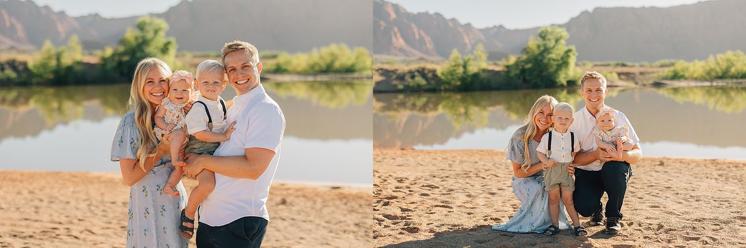 A young family poses on a sandy riverbank with red rock cliffs and green trees in the background.