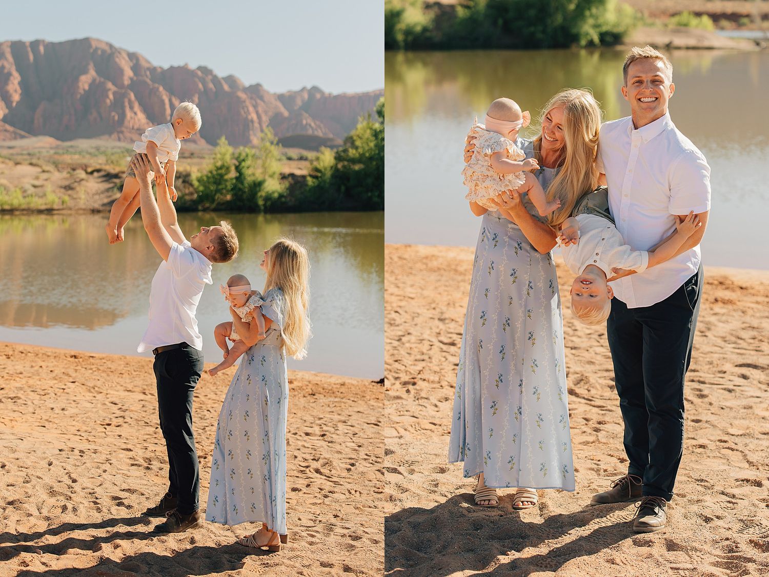 Family of four playing on sandy beach near river with red rock mountains, parents lifting children in warm sunlight.