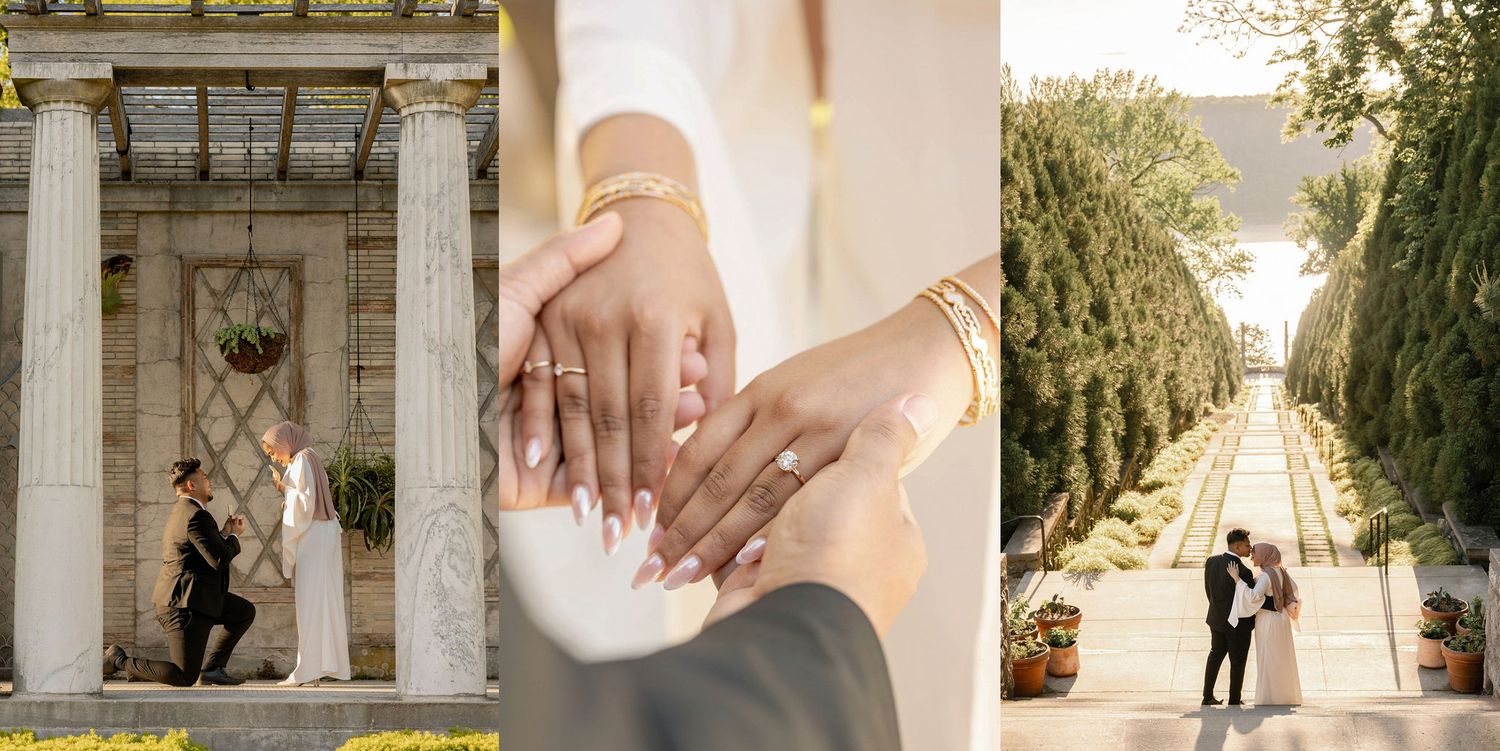 Elegant wedding collage featuring couple at columned venue, close-up of gold bracelets and rings, and romantic garden path portrait.