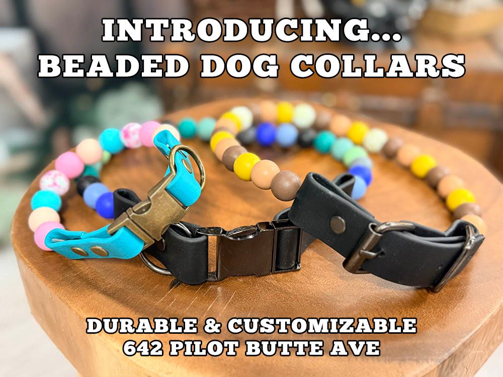 Colorful beaded dog collars displayed on wooden bowl, durable and customizable, available at 642 Pilot Butte Ave.
