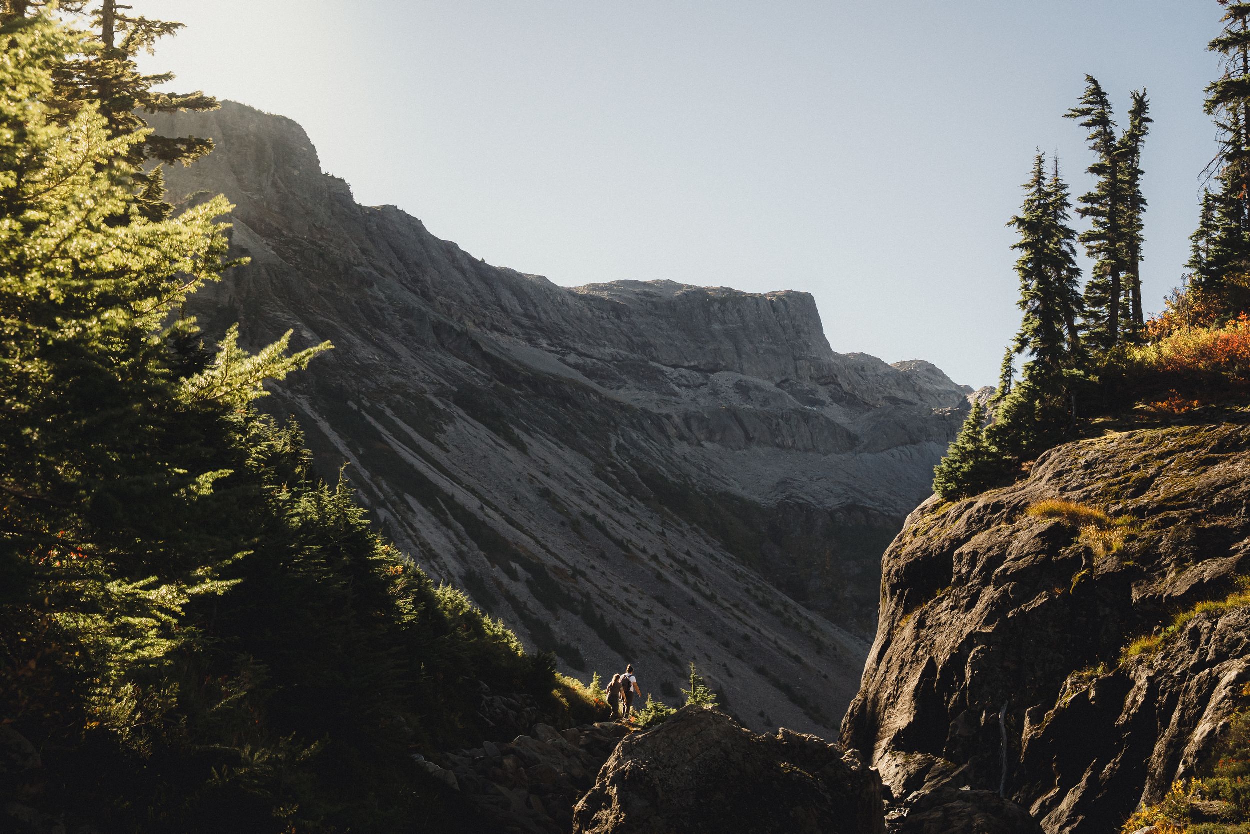 Sunlit mountain ridge with steep rocky slopes, framed by evergreen trees and a rugged cliff edge in the foreground.