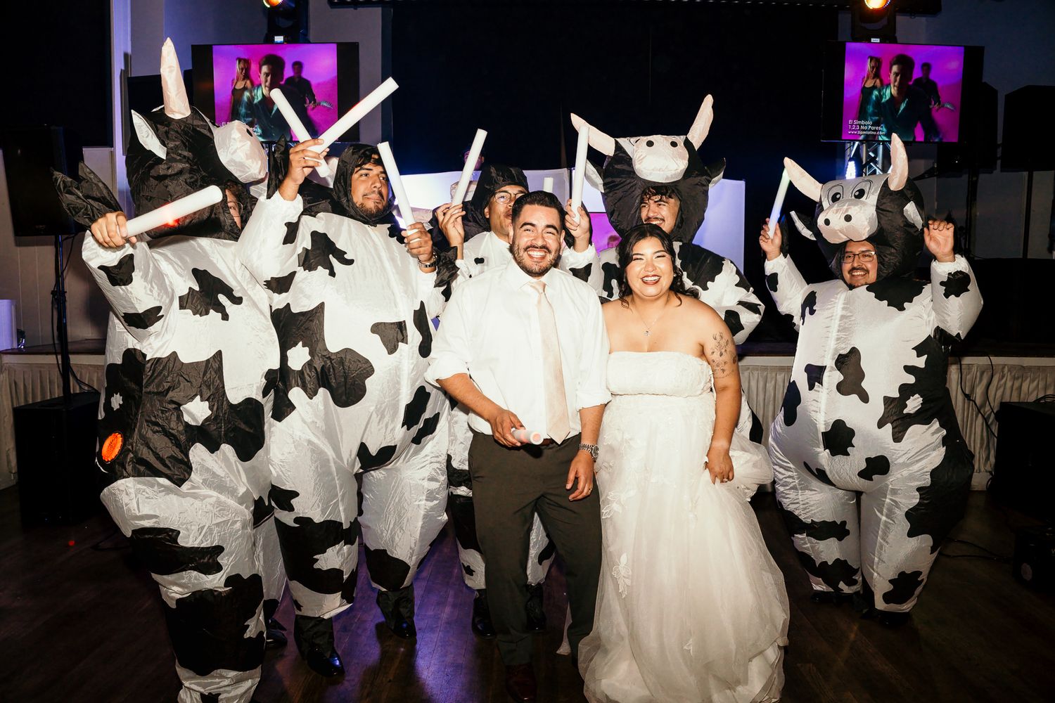 Bride and groom pose with wedding guests in inflatable cow costumes at a fun reception celebration.