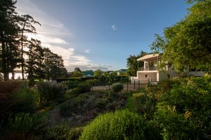 Lush landscaped garden with flowering shrubs and tall trees in front of a sunlit villa under a blue sky with soft clouds.