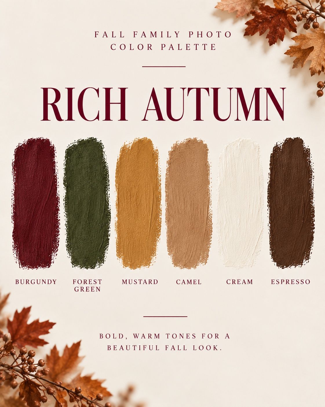 Rich Autumn fall family photo color palette featuring burgundy, forest green, mustard, camel, cream, and espresso swatches.