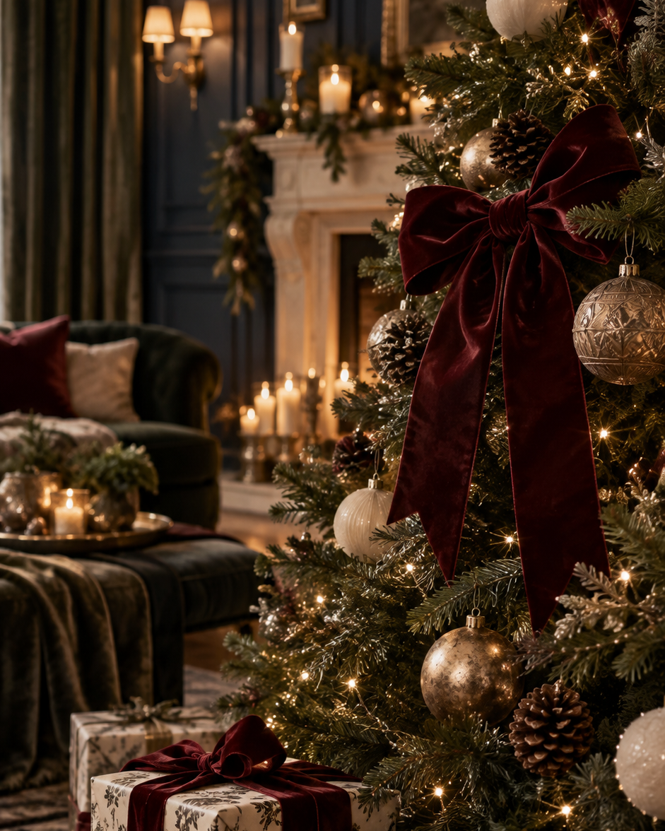 Elegant Christmas tree with burgundy velvet bow, gold ornaments, pine cones, and warm fairy lights beside a cozy fireplace.