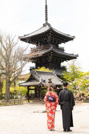 Couple in traditional Japanese kimono standing before a historic three-story wooden pagoda surrounded by spring trees in Kyoto.