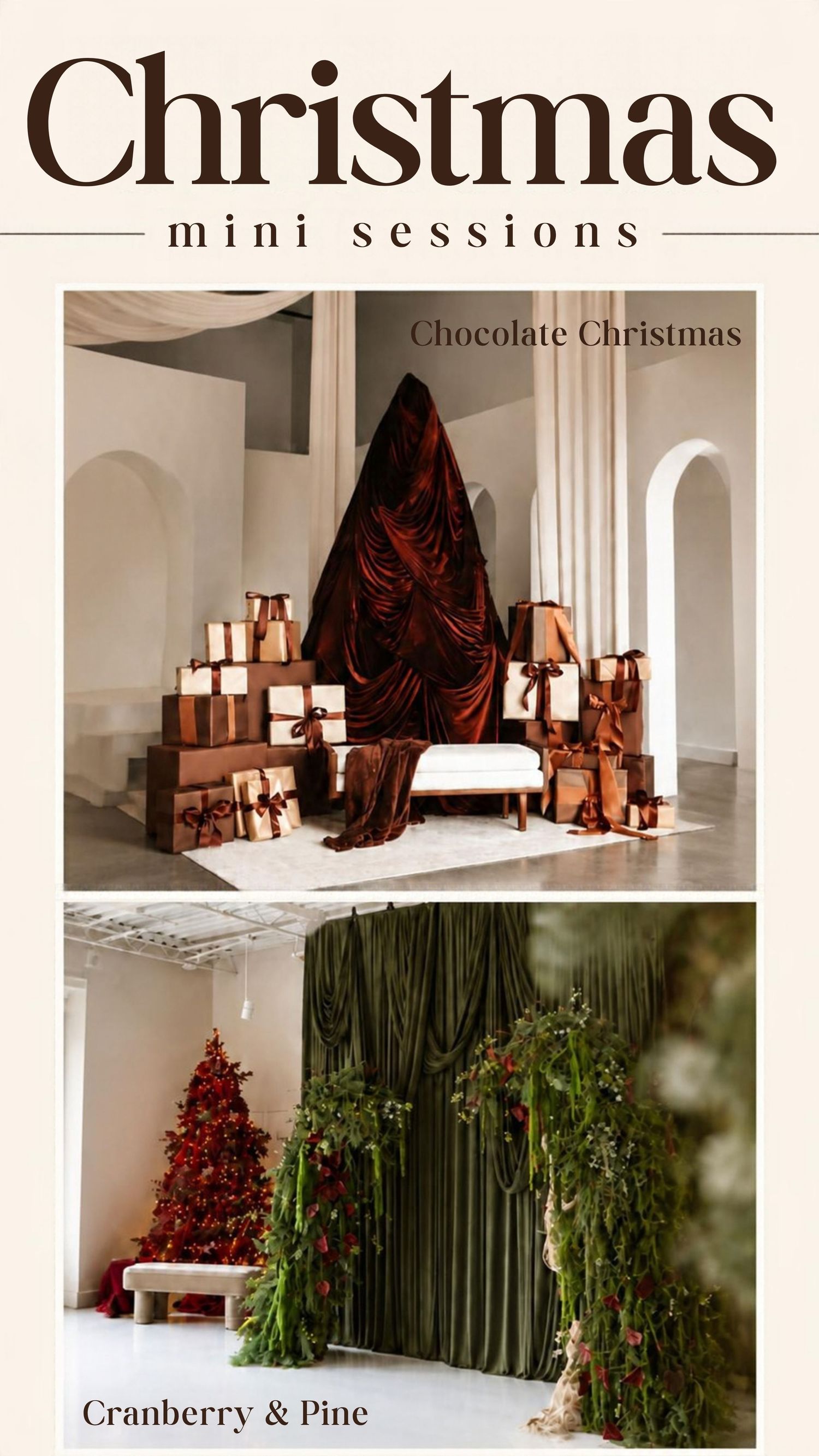 Allyamore Visuals Christmas mini sessions flyer featuring Chocolate Christmas in Alpharetta and Cranberry & Pine Christmas in Atlanta.