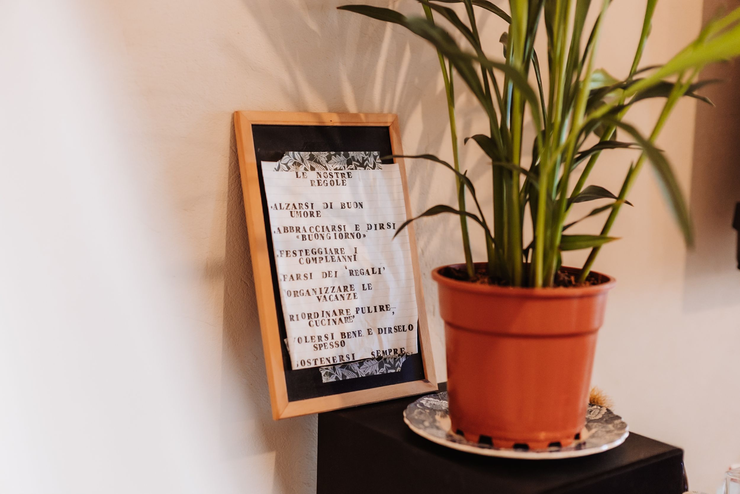 Framed menu sign beside a potted palm plant on a dark surface against a white wall.