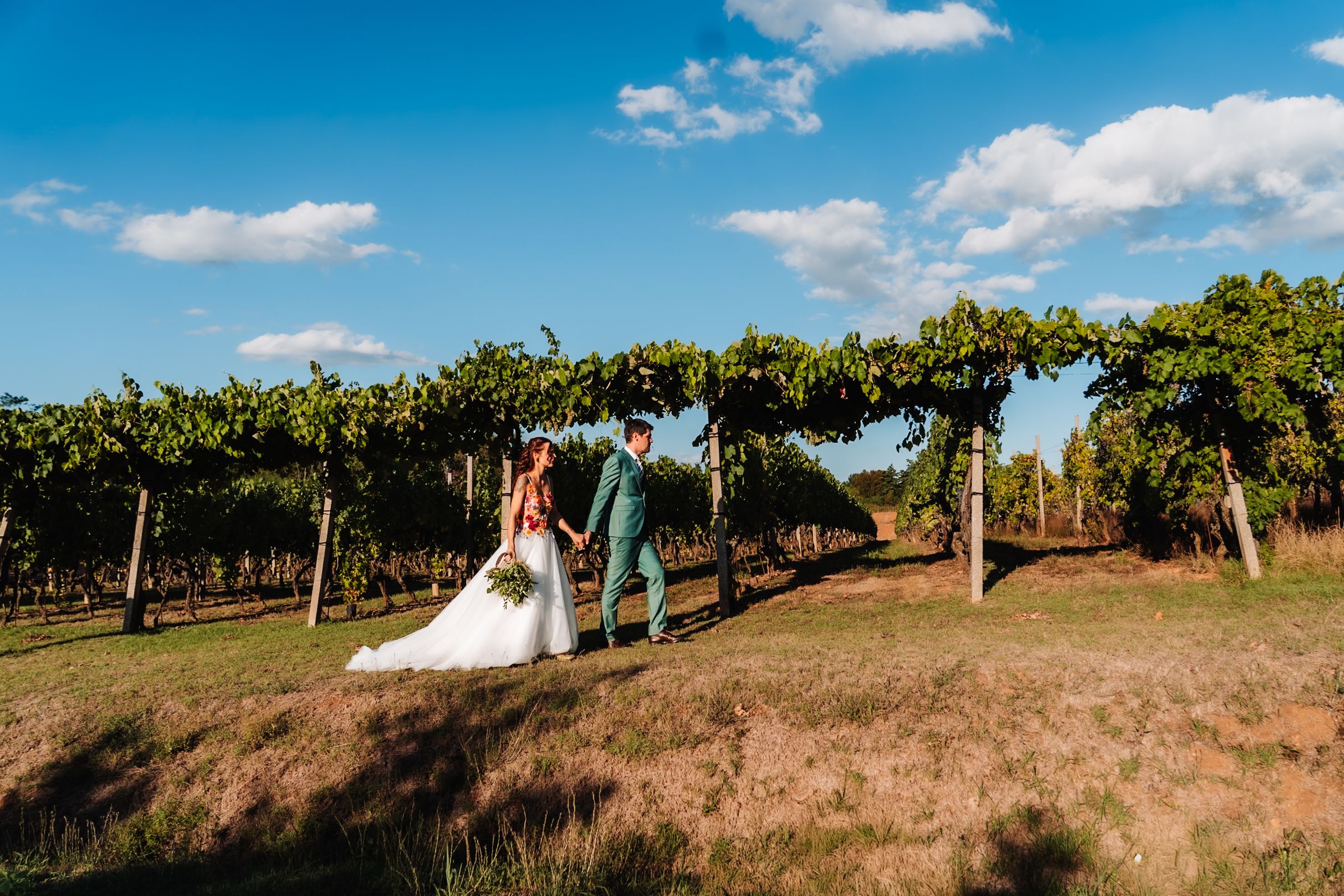 Bride and groom walking hand in hand through a lush vineyard under a bright blue sky on their wedding day.