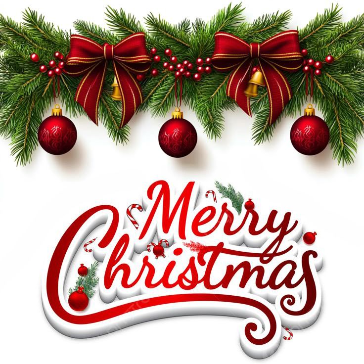 Festive Christmas banner with green pine garland, red bows, ornaments, and elegant Merry Christmas text on white background.