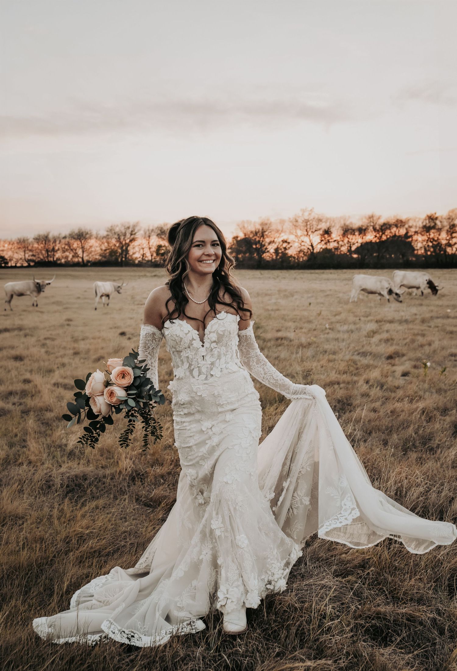 Bride surrounded by ranch animals on their wedding day
