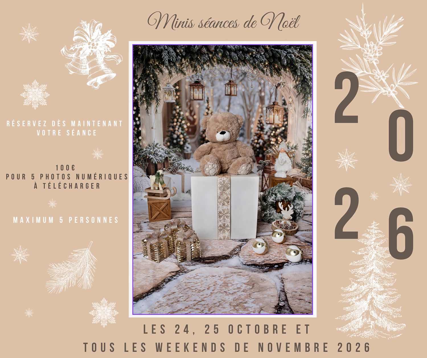Festive Christmas mini photo session promotional flyer featuring a teddy bear with gifts and holiday decor for 2026.