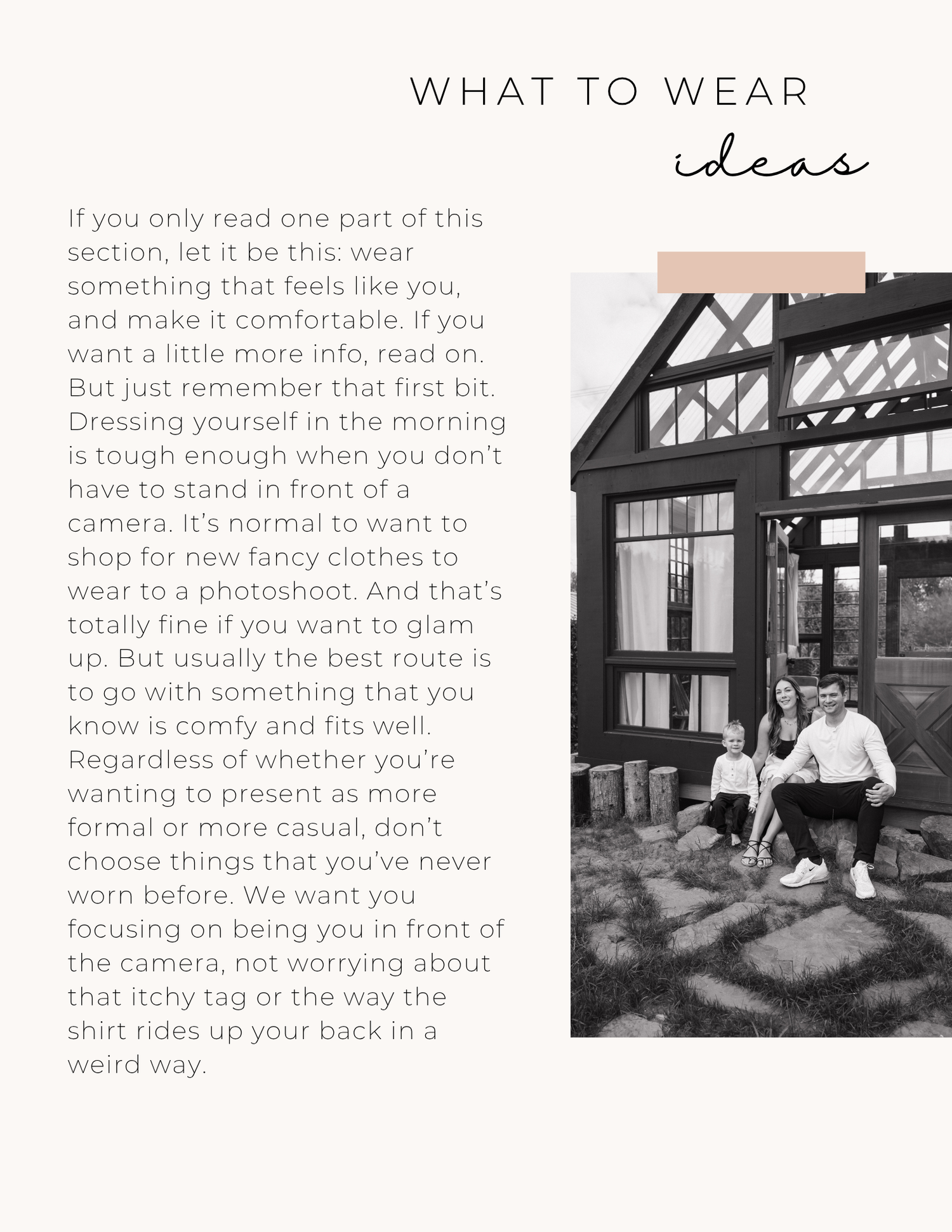 A family poses outdoors near a rustic building, beside a what-to-wear guide for photoshoots.