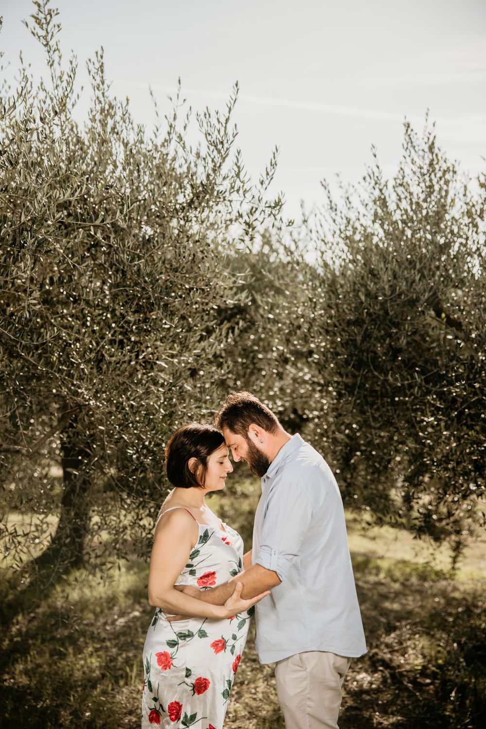 Expecting couple tenderly touches foreheads while embracing baby bump among olive trees outdoors.