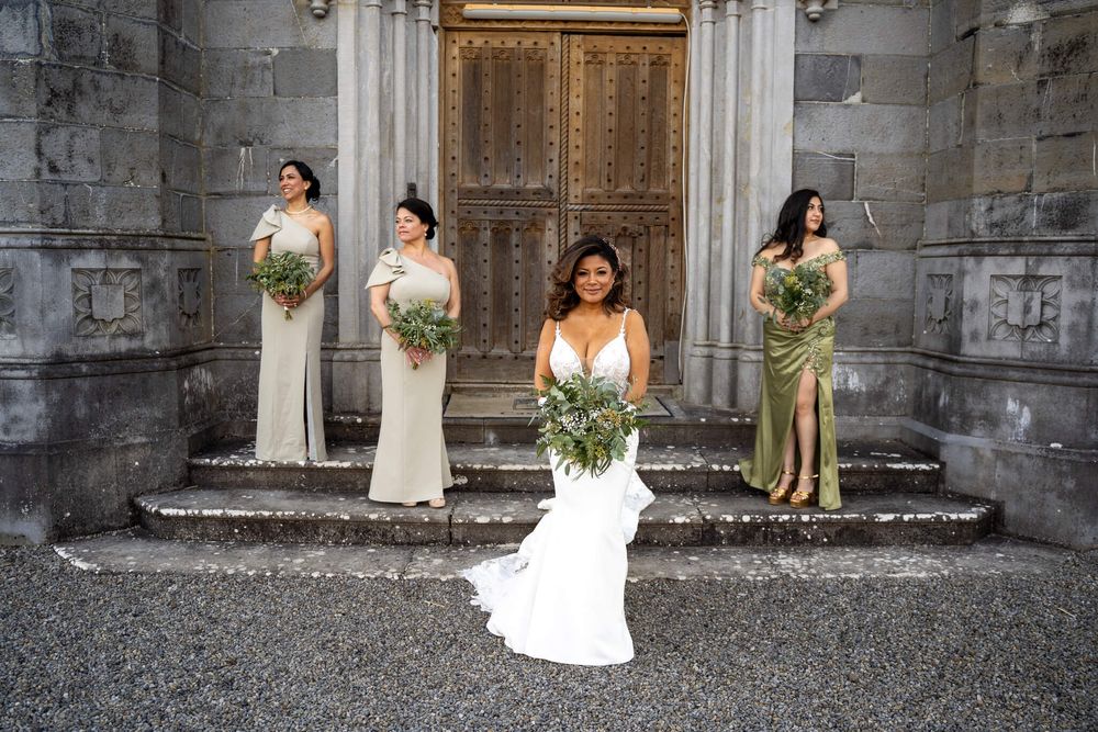 Bridal party at Kileen Castle,Dublin pose on the steps photo by award winning AK wedding photography and videography.