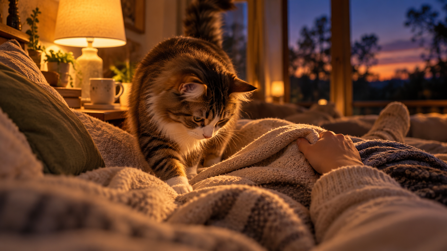 Whiskers & Co song To Snuggle With You – tabby cat snuggling beside a person under a cosy blanket