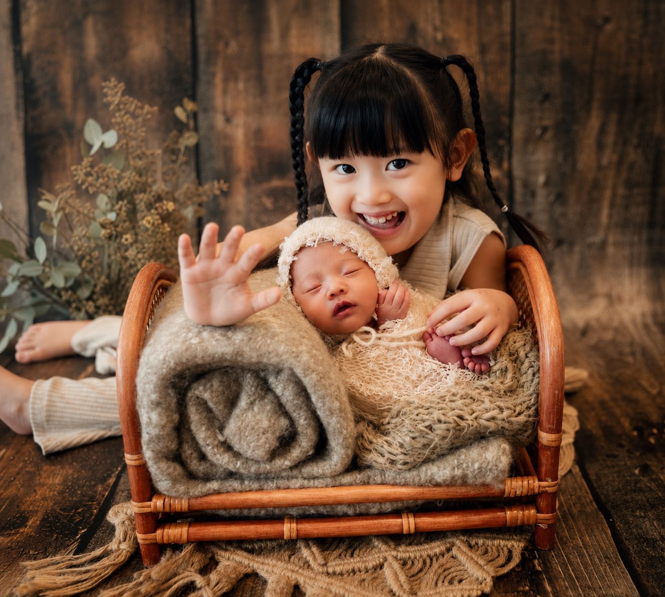 A young girl smiles proudly beside her sleeping newborn sibling wrapped in a knit blanket in a small wicker chair.