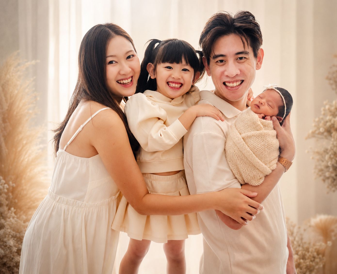 Happy Asian family posing together, parents holding toddler girl and newborn baby, wearing cream outfits in a soft studio.