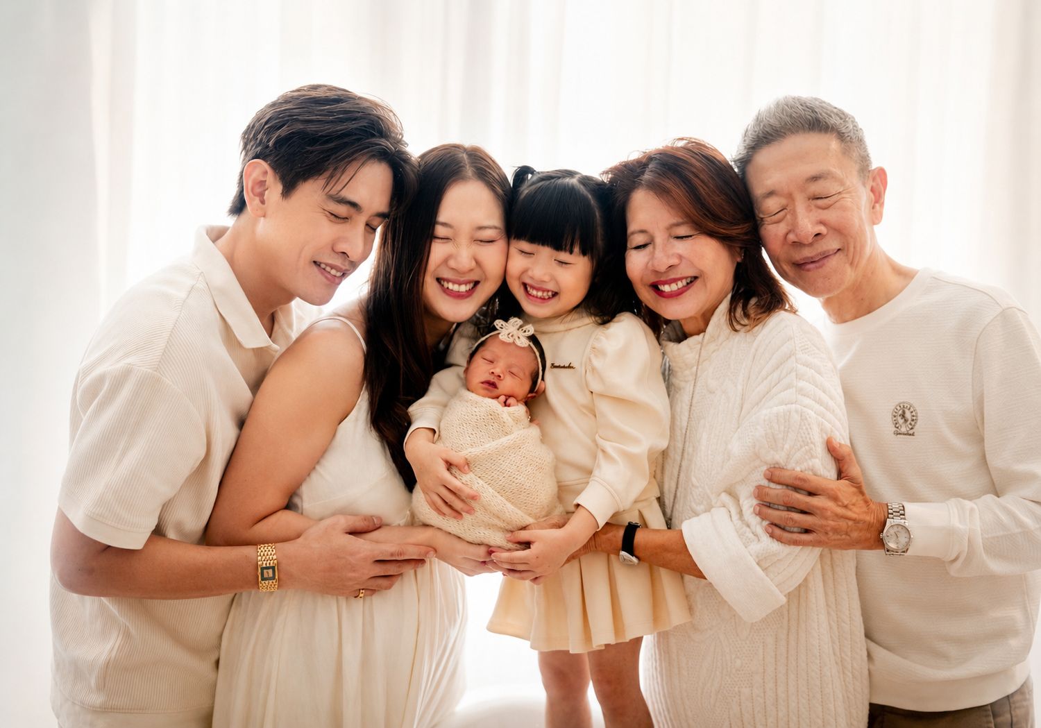 A joyful multigenerational Asian family in white outfits poses together, proudly holding a newborn baby and young girl.