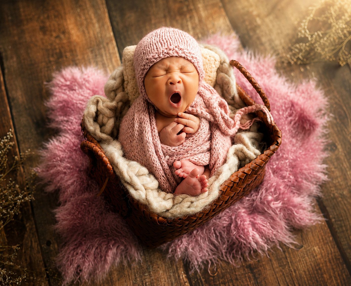 Newborn baby yawning in pink knit wrap and hat, nestled in a wicker basket with fluffy pink fur blanket.