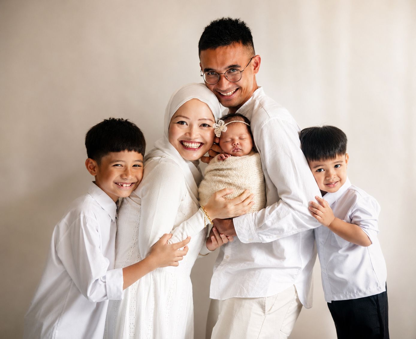 Happy Muslim family in white outfits posing with newborn baby in a bright studio portrait.