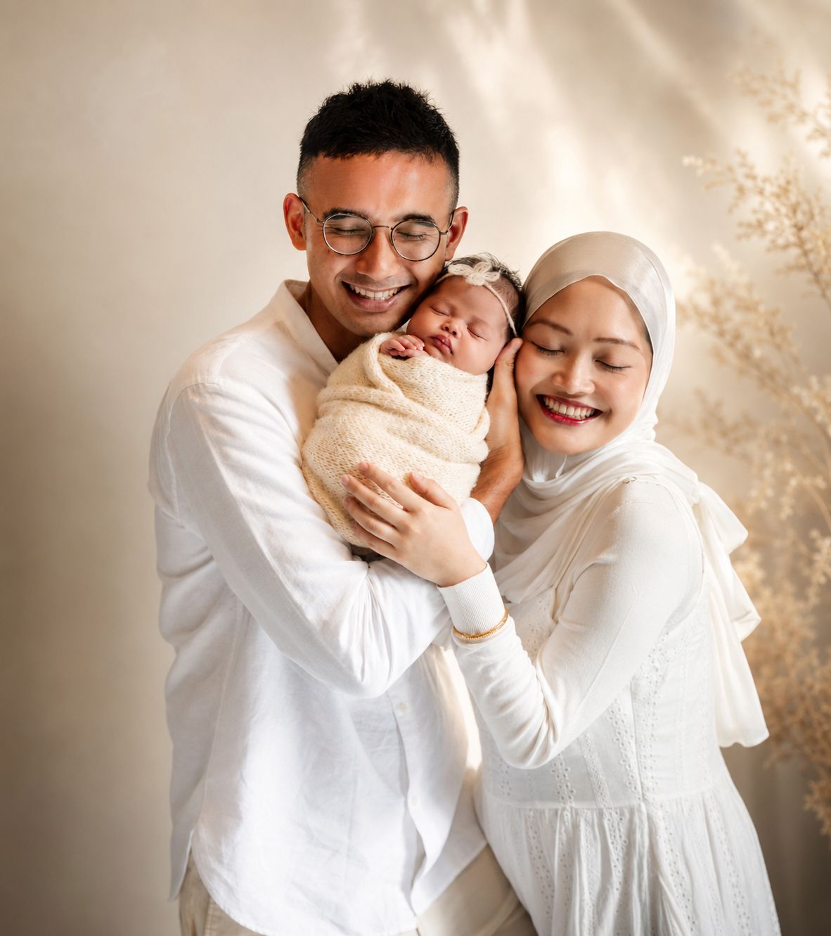 A smiling couple in white outfits holding their swaddled newborn baby, with the woman wearing a hijab.