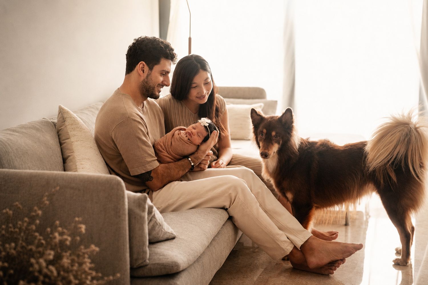 A couple sits on a couch with their newborn baby and a fluffy dog in a bright, cozy living room.