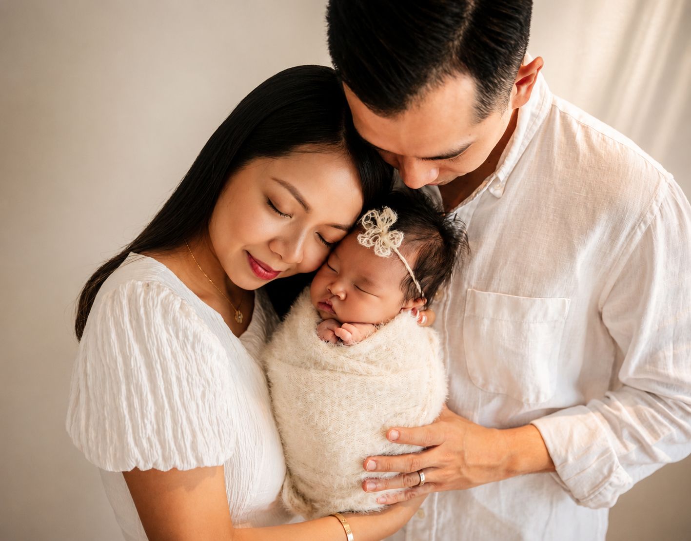 New parents tenderly hold their swaddled newborn baby during a professional newborn photography session.