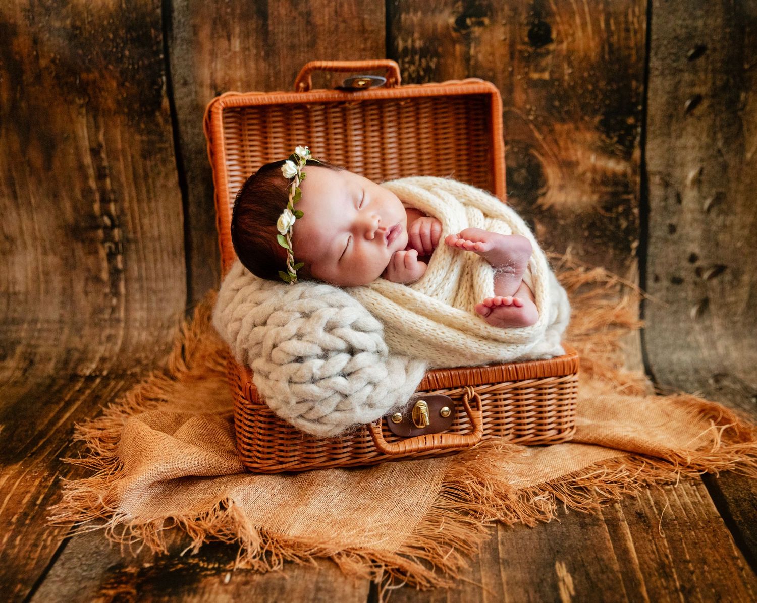 Sleeping newborn baby wrapped in cream knit blanket inside a wicker suitcase with floral headband on wood background.