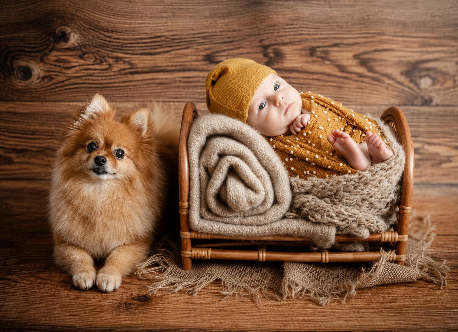 Newborn baby in mustard knit wrap and hat rests in wooden cradle beside a fluffy Pomeranian dog.