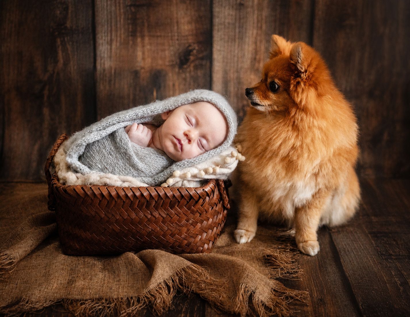 A sleeping newborn baby swaddled in gray wrap inside a wicker basket beside a fluffy orange Pomeranian dog.