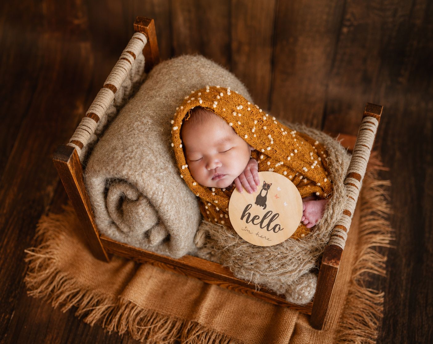 Newborn baby sleeping in a tiny wooden bed with a mustard bonnet and hello sign on a warm brown blanket.