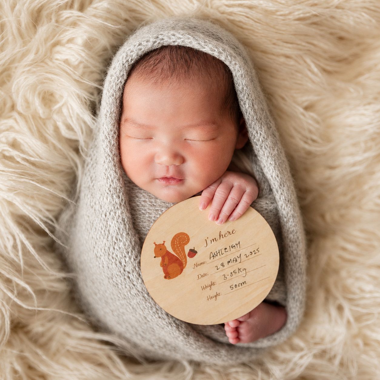 Newborn baby sleeping wrapped in gray knit, holding a wooden birth announcement plaque with squirrel design on fluffy white rug.
