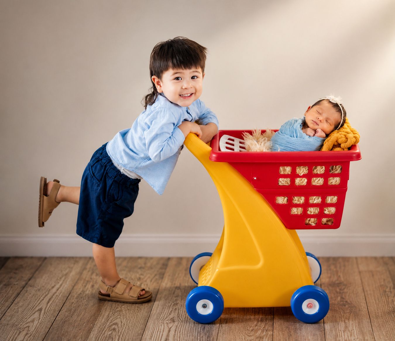 Young boy smiling while pushing a toy shopping cart with a sleeping newborn baby inside on a wooden floor.