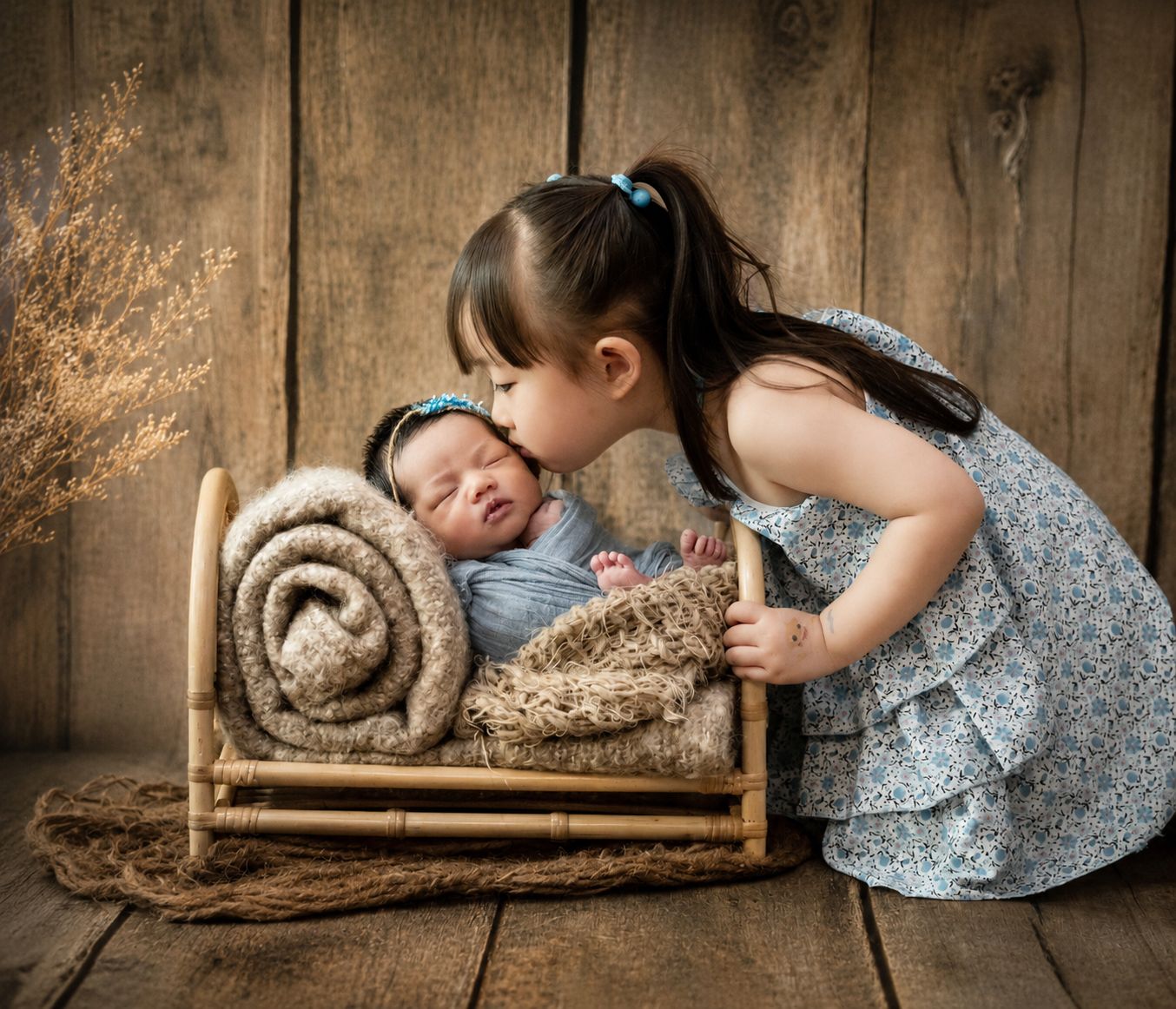 A young girl in a floral dress kisses her sleeping newborn sibling in a tiny wooden bed, set against a rustic wood backdrop.