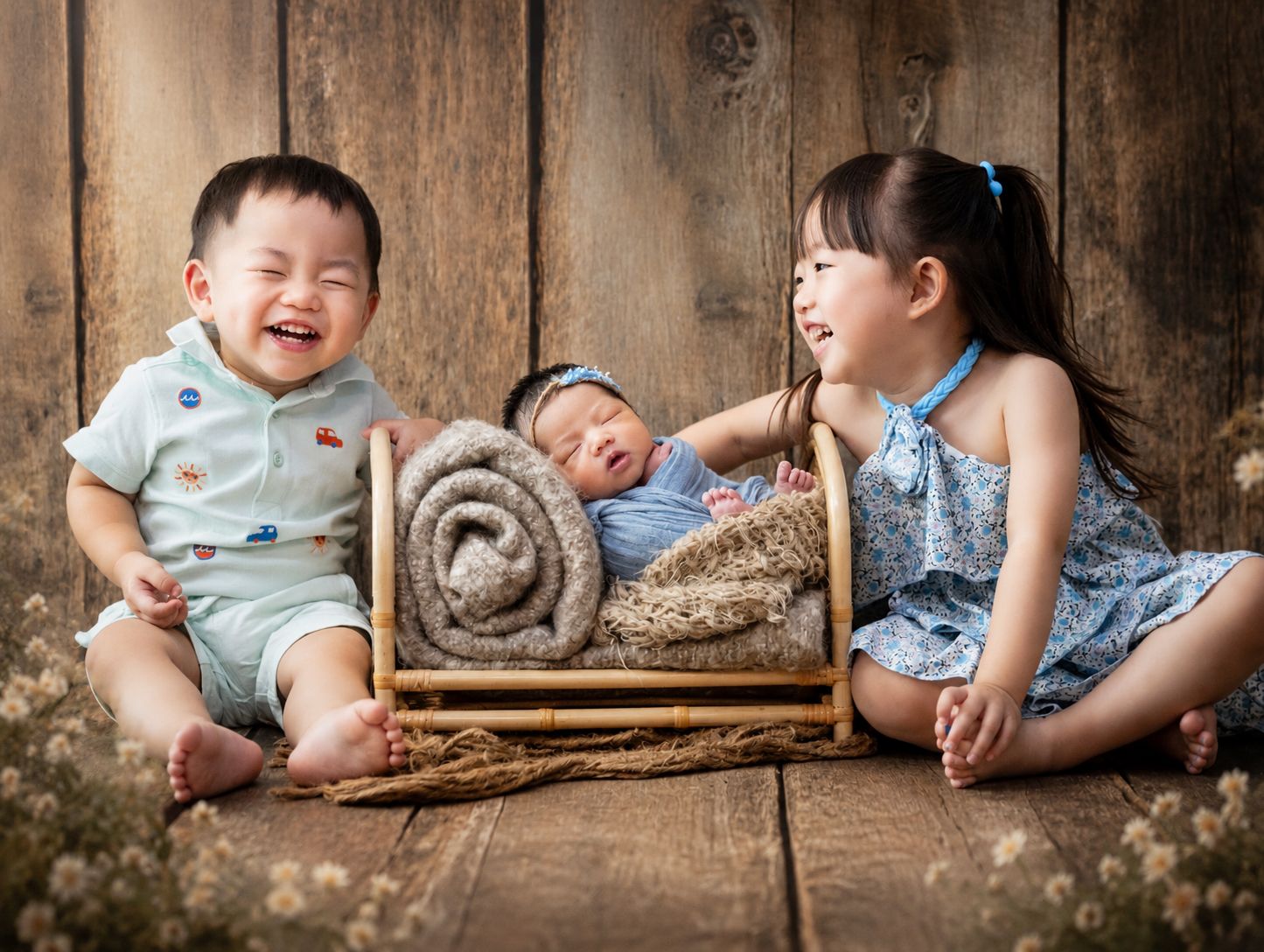 Two toddlers laugh joyfully beside a sleeping newborn baby in a rustic wooden cradle during a sibling photo session.