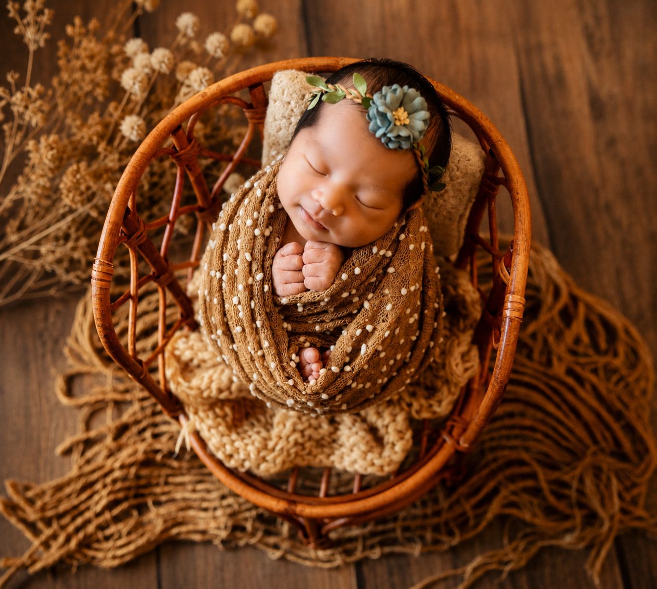 Newborn baby swaddled in brown wrap with floral headband sleeping in a wicker basket with dried flowers.