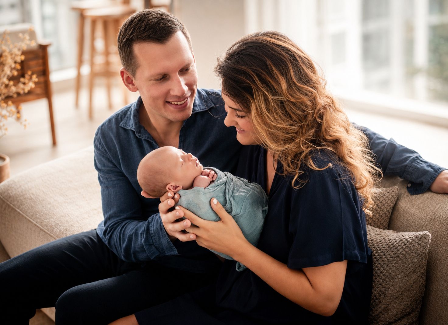 Happy couple sitting on a couch smiling at their newborn baby wrapped in a blue swaddle blanket.