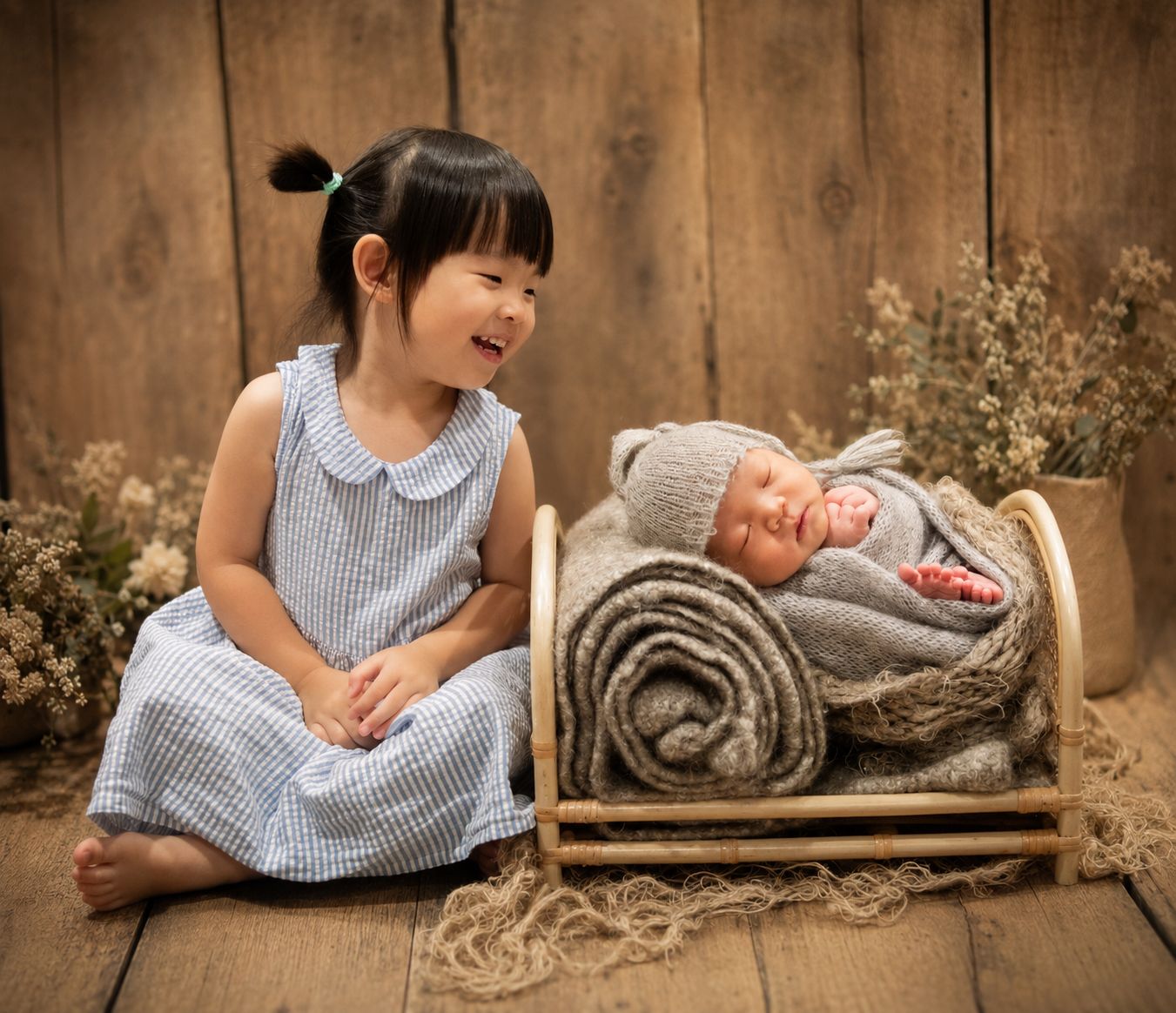 A smiling toddler girl in a blue dress sits beside a sleeping newborn baby wrapped in gray knit, posed in a rustic wooden setting.