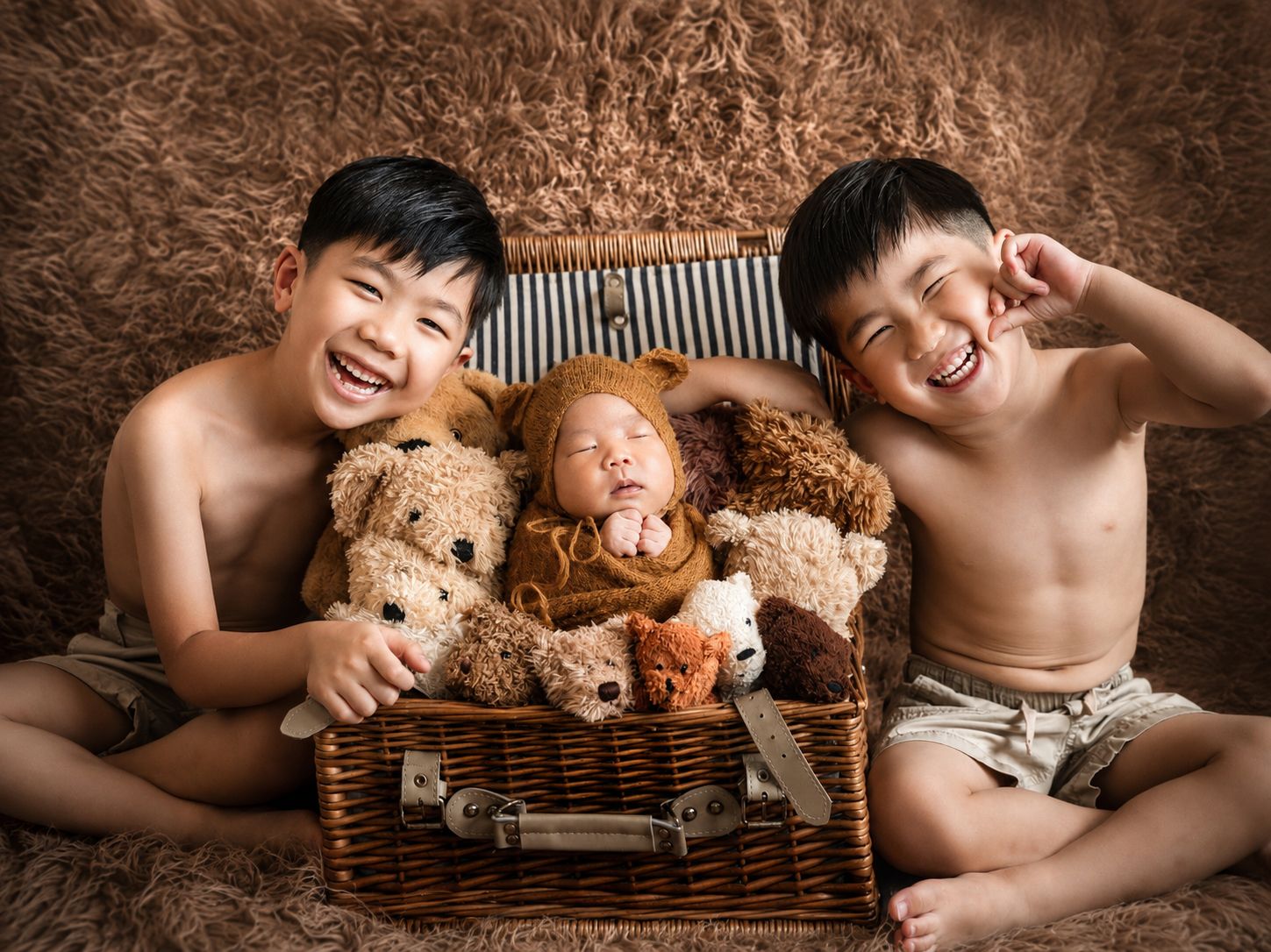 Two smiling boys pose with a sleeping newborn baby in a wicker basket surrounded by teddy bears on a brown fur backdrop.