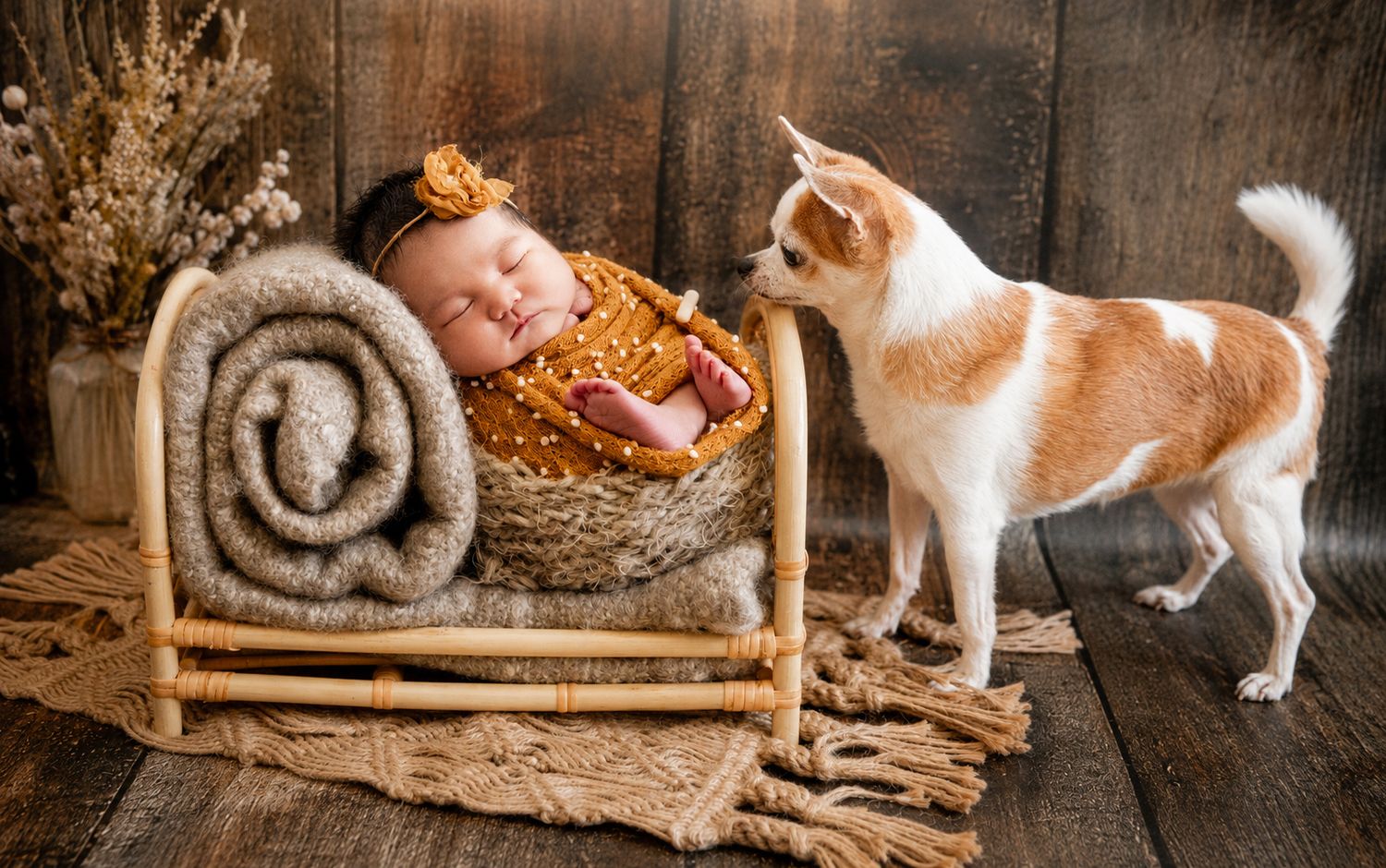 A sleeping newborn baby in a tiny wooden bed beside a curious white and brown Chihuahua puppy.