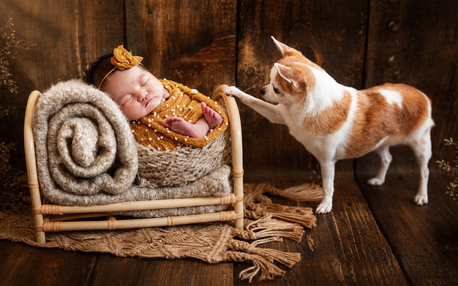 Newborn baby sleeping in a wooden cradle with a small Chihuahua dog gently touching the basket.