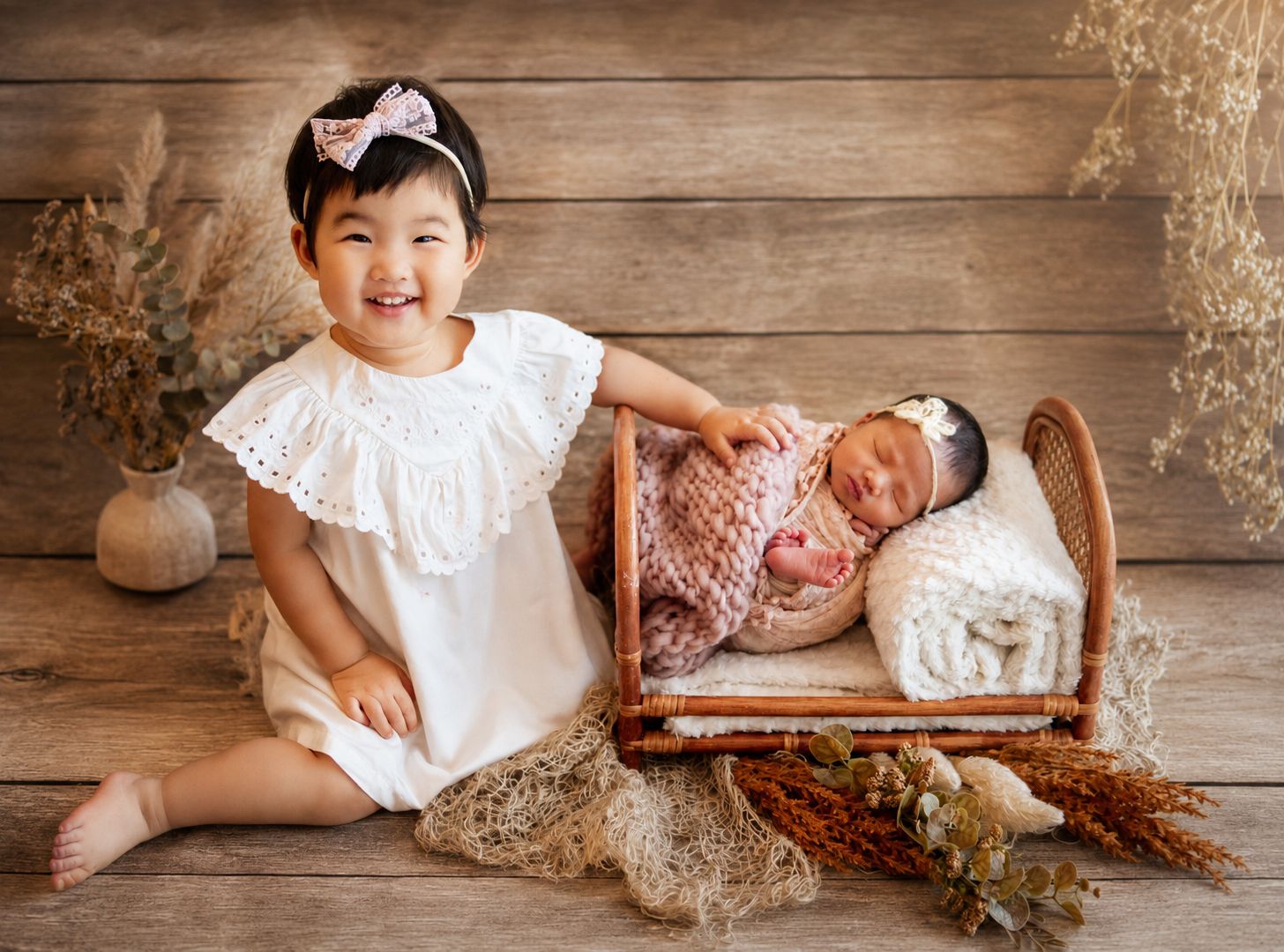 Smiling toddler girl in white dress poses beside sleeping newborn in wicker bed with dried floral decor.