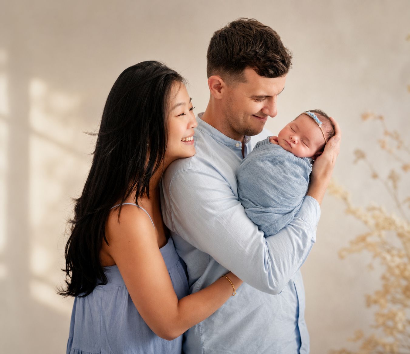 A couple in blue outfits smiling and holding their newborn baby wrapped in a blue swaddle in a bright studio.