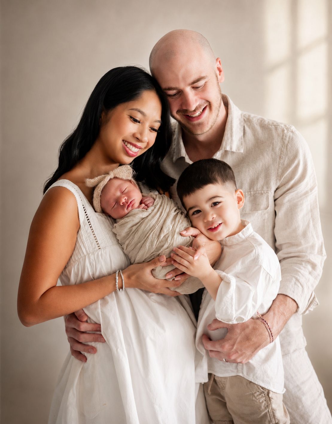 Happy family of four posing in white outfits, parents smiling while holding swaddled newborn and young son.