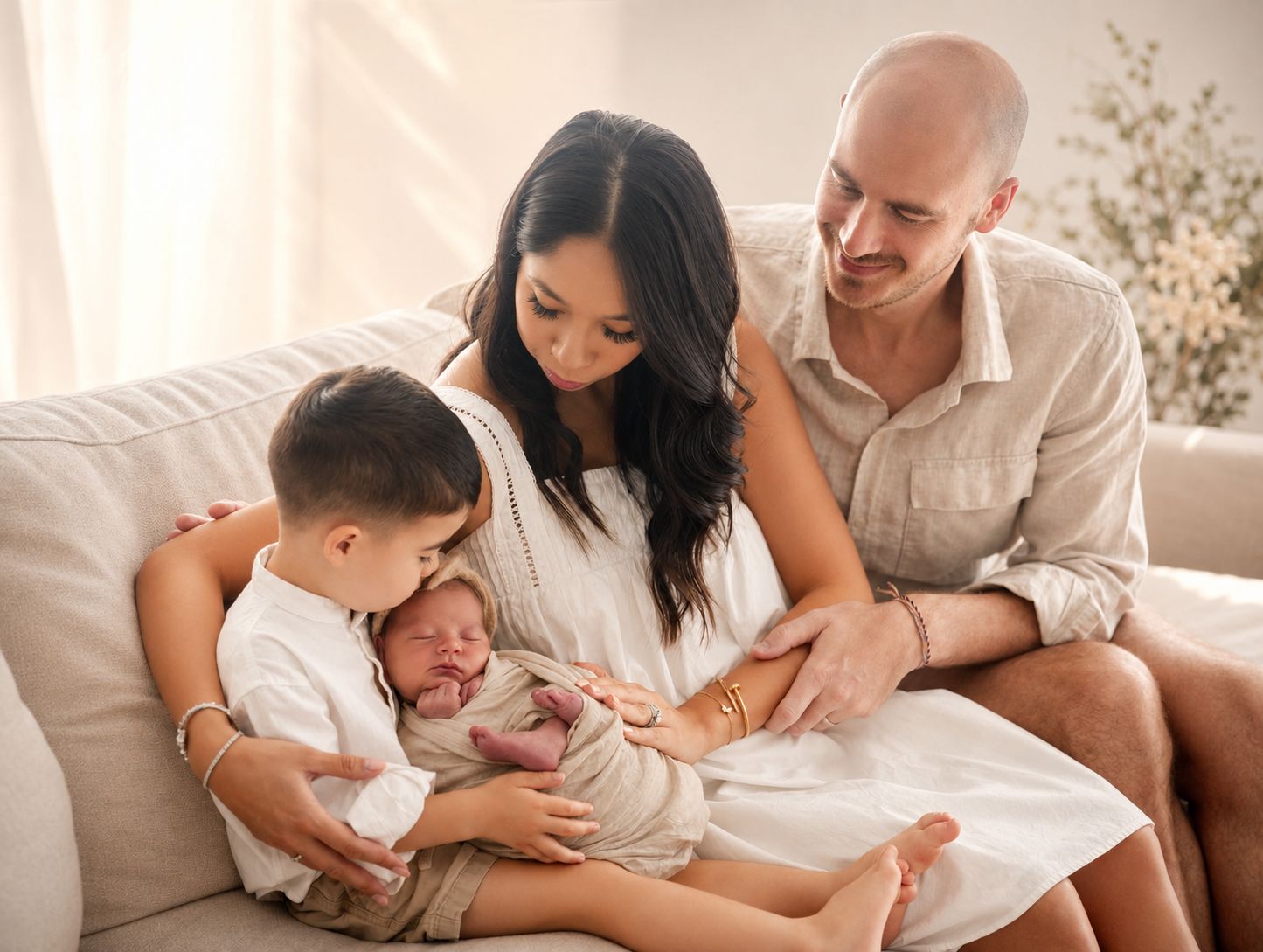 Family of four with newborn baby posing together on a couch in a bright, airy room for a professional photo.
