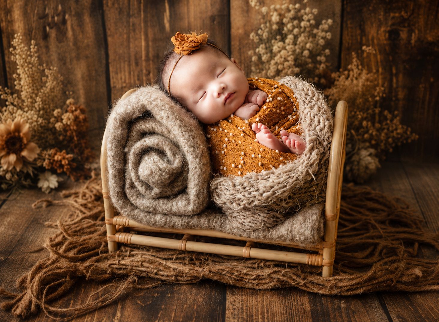 Sleeping newborn in orange outfit on tiny wooden bed with floral decor.