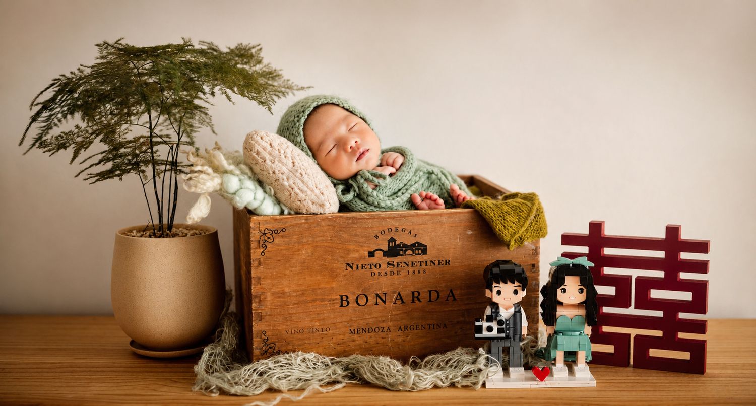 Newborn baby sleeping in vintage Bonarda wooden crate with knit hat, beside Disney figurines and a double happiness symbol.